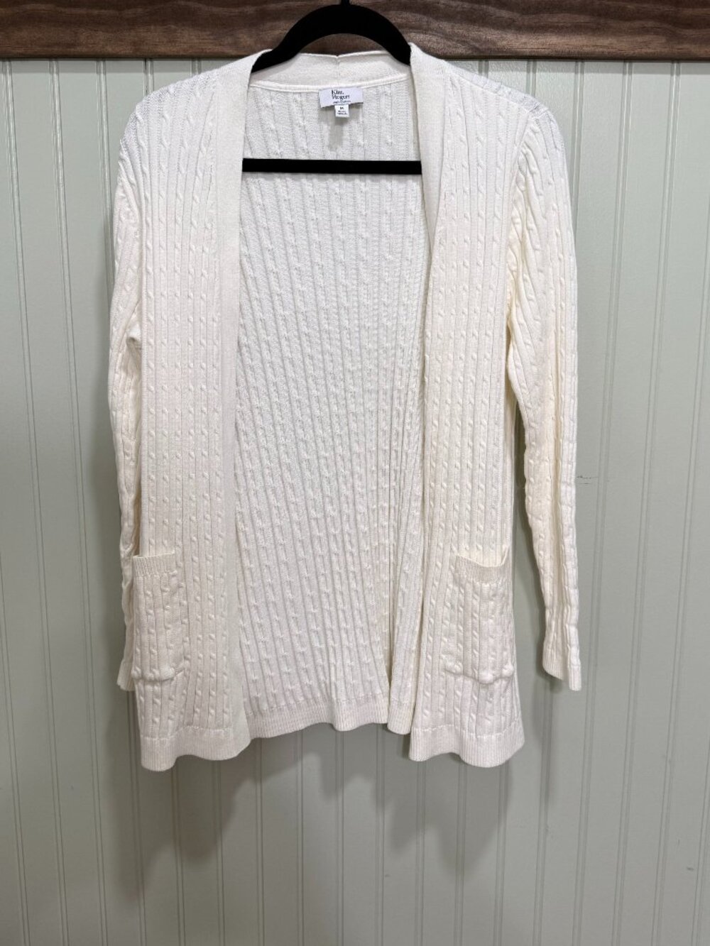 Kim Rogers White Cable Knit Cardigan Medium 100% Cotton Open Front Pockets
